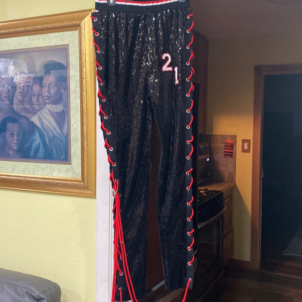 Shane Justin joggers, size 2XL, sequins, black, red, and white.